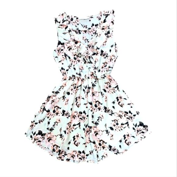 Lush Floral Mini Dress W/ Ruffle Faux Wrap Chest and Stretch Waistband Size M - Picture 1 of 8